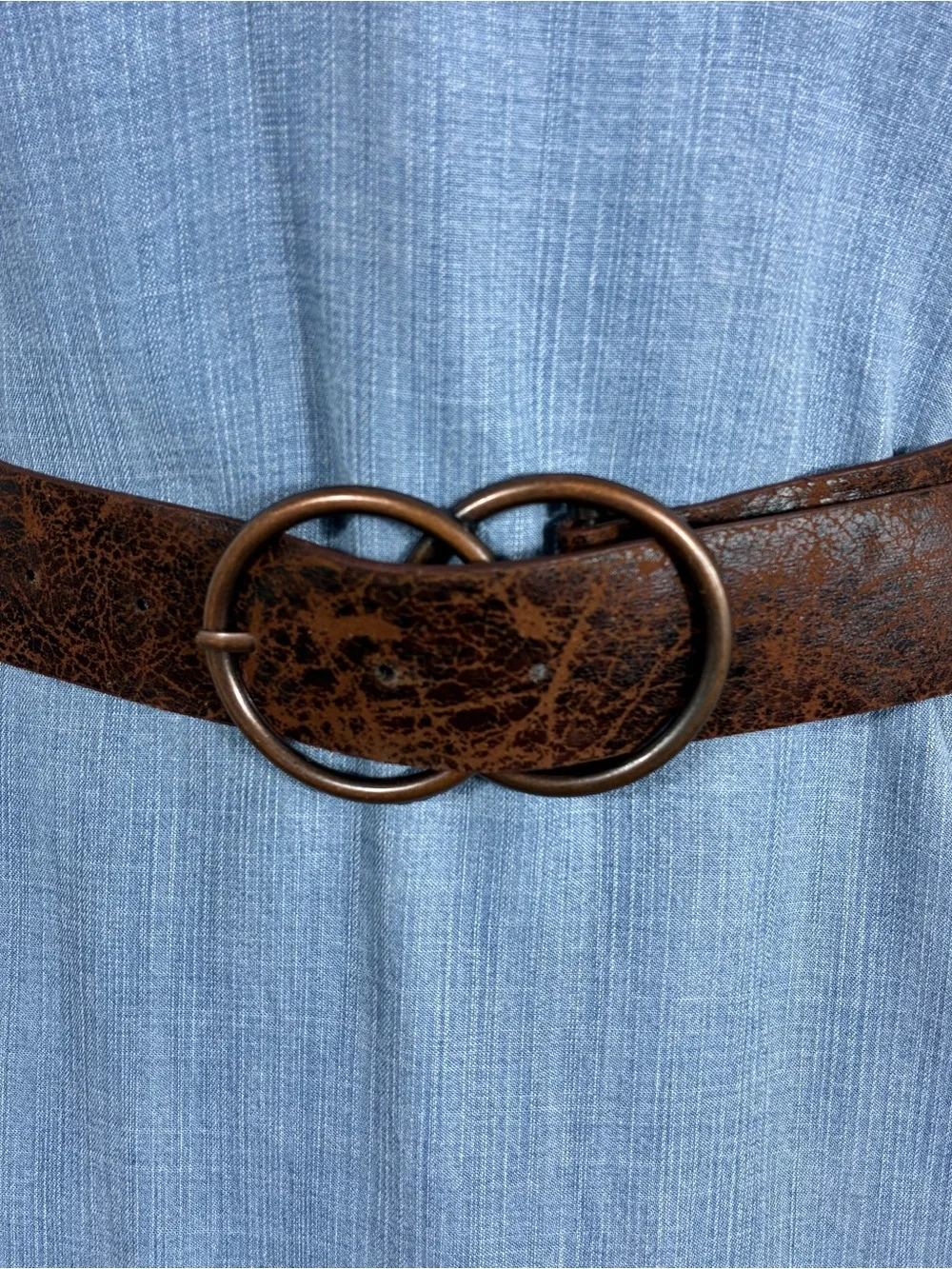 Womens belt 36” long distressed faux leather brown double ring buckle